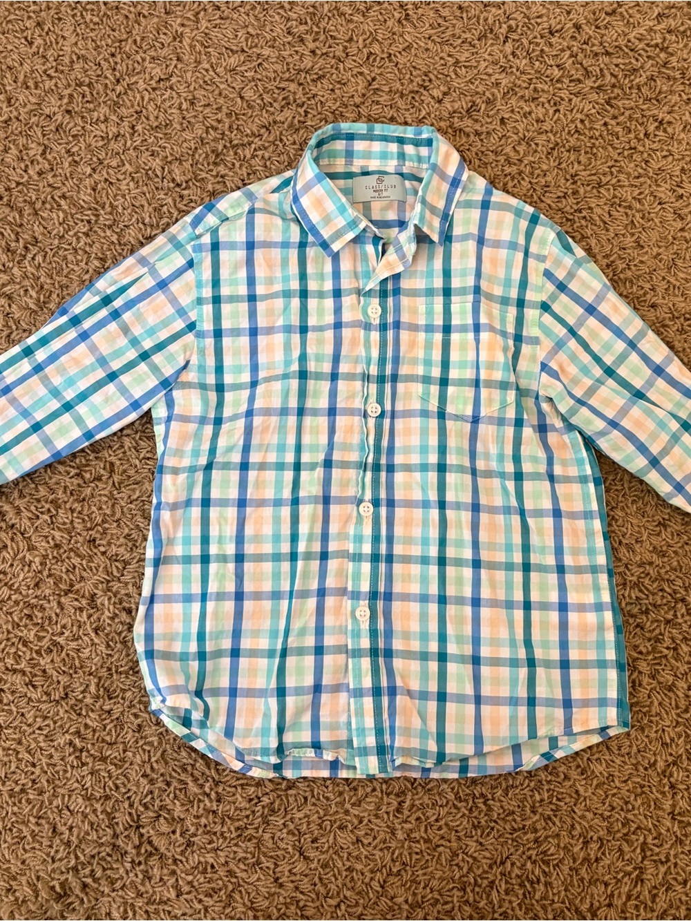 Boy’s Class Club Plaid Button-Up Shirt in Teal, Light Blue & Peach, Size 6/7